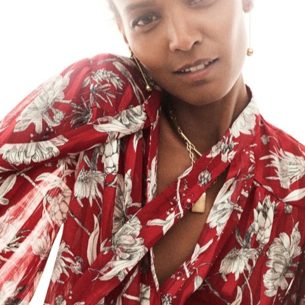 Zara Red Floral Print Blouse with Neck Tie